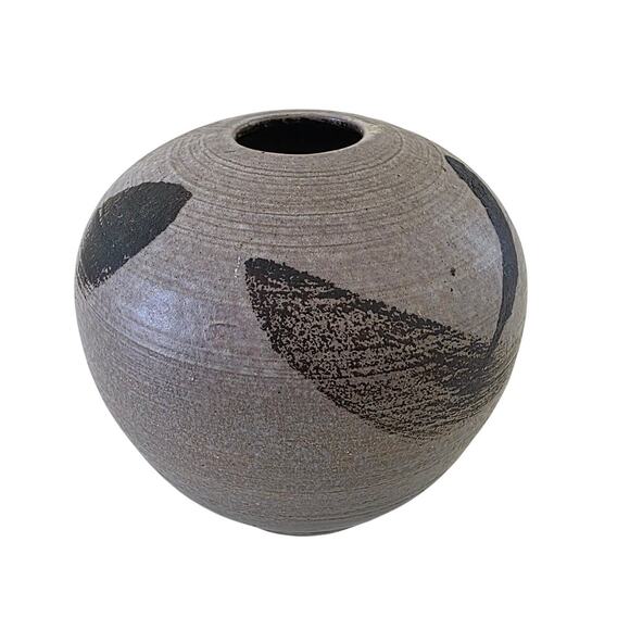 Vintage Studio Pottery Modernist Vase Round Brown Black Brushstroke Design - Picture 1 of 14